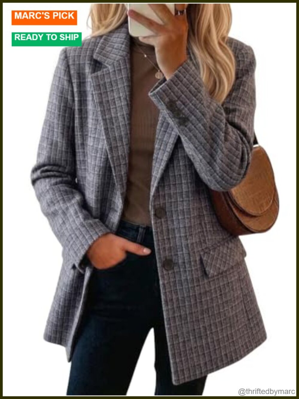 Women Wool Plaid Blazer Houndstooth Oversized Jacket Business Casual